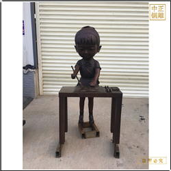 小女孩写毛笔字铜雕塑 